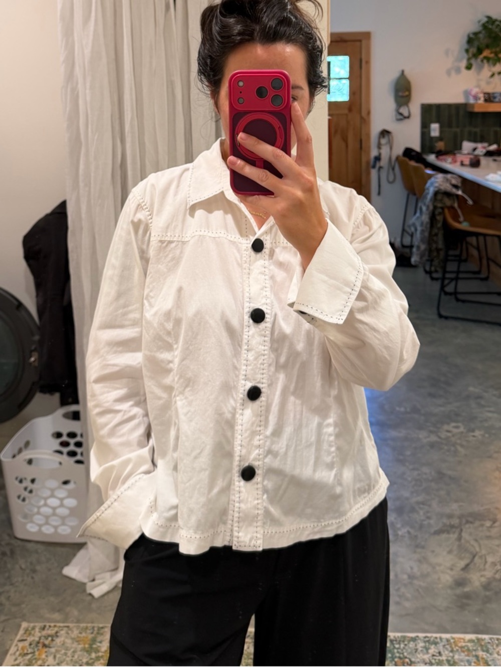 Christopher & Banks White Jean Jacket with Black Buttons